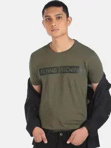 Flying Machine Men Olive Green & Grey Printed Applique Slim Fit Pure Cotton T-shirt