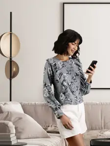 Tokyo Talkies Grey Floral Print Ruffles Top