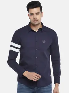 People Men Navy Blue & White Slim Fit Pure Cotton Casual Shirt