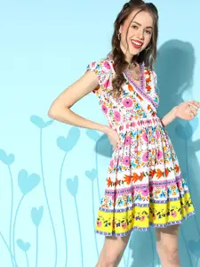 Berrylush Floral Print Crepe A-Line Wrap Dress