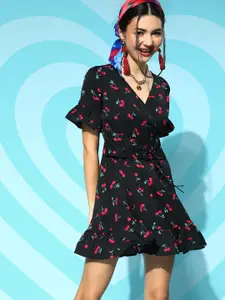 Berrylush Black & Red Printed Crepe Wrap Dress