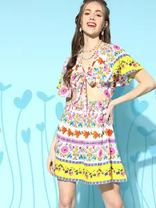 Berrylush White & Pink Floral Print Crepe A-Line Dress