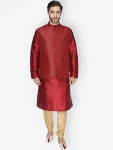 NAMASKAR Men Maroon & Gold-Toned Layered Dupion Silk Kurta with Pyjamas & Nehru Jacket
