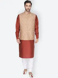 NAMASKAR Men Rust & White Layered Pure Cotton Kurta with Pyjamas & Nehru Jacket