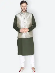 NAMASKAR Men Green & White Layered Pure Cotton Kurta with Pyjamas & Nehru Jacket