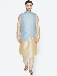 NAMASKAR Men Gold-Toned & Blue Layered Dupion Silk Kurta with Pyjamas & Nehru Jacket