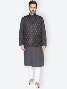 NAMASKAR Men Grey & White Pure Cotton Kurta with Pyjamas & Nehru Jacket