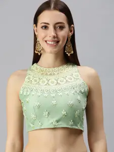 flaher Women Green & Off-White Embroidered Padded Saree Blouse