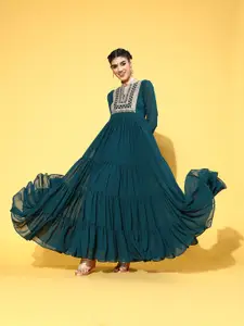 Inddus Teal Green Ethnic Yoke Embroidered Georgette Maxi Dress