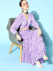 ZIYAA Women Elegant Lavender Self-Design Top with Skirt