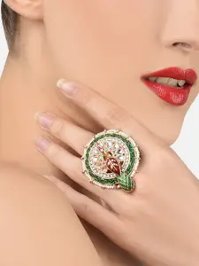 Zaveri Pearls Rose Gold-Plated White & Green Peacock Shaped Finger Ring