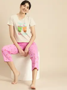Dreamz by Pantaloons Women Cream & Pink Printed Night suit