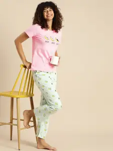 Dreamz by Pantaloons Women Green & Pink Printed Pure Cotton Night suit