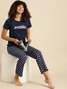 Dreamz by Pantaloons Dreamz by Pantaloons Women Navy Blue & Pink Printed Pure Cotton Night suit