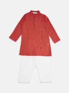 indus route by Pantaloons Boys Red & White Striped Pure Cotton Kurta with Pyjamas
