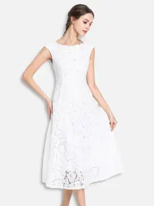 JC Collection Women White Self Design Net Midi A-Line Dress