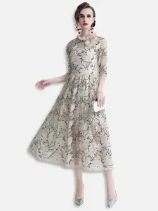JC Collection Women Beige & Black Floral Self Design Net Midi Fit & Flare Dress