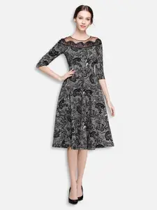 JC Collection Women Black & White Self Design Net Fit & Flare Dress