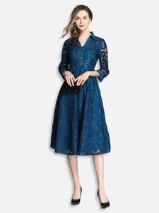 JC Collection Women Navy Blue Self Design Net Midi Fit & Flare Dress