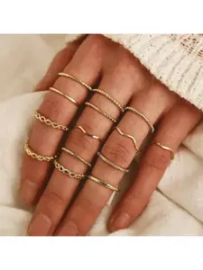 Vembley Set Of 14 Oxidised Gold-Plated & CZ Stone Studded Finger Rings