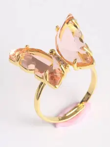 Vembley Women Gold-Plated & Pink Cubic Zirconia Studded Butterfly Finger Ring