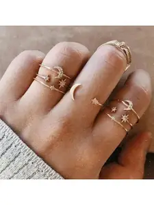 Vembley Set Of 7 Oxidised Gold-Plated White CZ-Studded Finger Rings