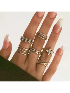 Vembley Set Of 8 Gold-Plated & CZ Studded Finger Ring
