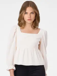 ONLY Off-White Self Design Square Neck Bell Sleeves Pleated Seersucker Styled Back Top