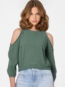 ONLY Green Solid Cold-Shoulder Top