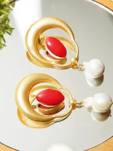 XAGO Red & Gold-Toned Coral & Pearl Studded Gold-Plated Contemporary Drop Earrings