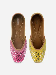 DESI COLOUR Women Pink Embellished Leather Ethnic Mojaris Flats