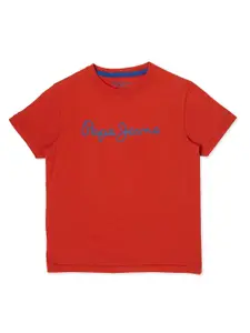 Pepe Jeans Boys Red & Blue Brand Logo Printed Cotton T-shirt