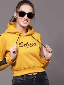 Selvia Women Mustard Yellow & Brown Brand Logo Printed Hooded Sweatshirt