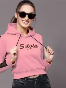 Selvia Women Pink & Black Brand Logo Printed Hooded Sweatshirt