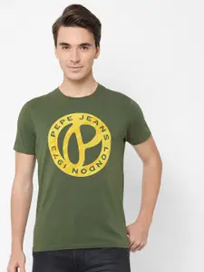 Pepe Jeans Men Olive Green & Yellow Brand Logo Printed Slim Fit Pure Cotton T-shirt