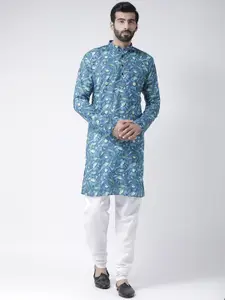 Hangup Men Blue Floral Printed Pure Cotton Kurta with Churidar