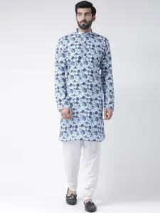 Hangup Men Blue & White Floral Printed Pure Cotton Kurta With Pyjamas