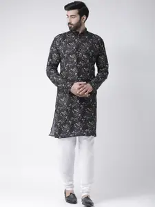 Hangup Men Black Floral Printed Pure Cotton Kurta with Churidar