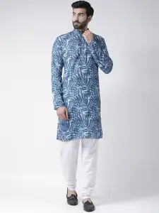 Hangup Men Blue & White Floral Printed Pure Cotton Kurta with Churidar