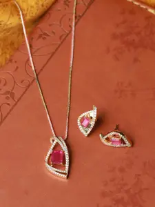 Priyaasi Pink American Diamond Gold-Plated Pendant & Earring Set