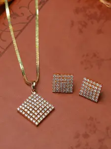 Priyaasi Gold-Plated American Diamond Studded Geometric Pendant & Earring Jewellery Set