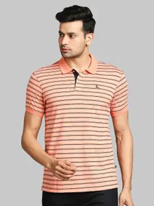 Parx Men Peach-Coloured & Black Striped Polo Collar Cotton T-shirt