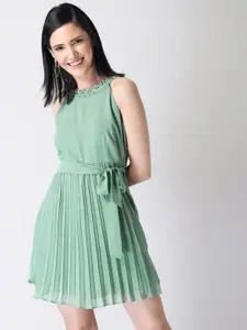 FabAlley Women Mint Green Accordion Pleated A-Line Dress