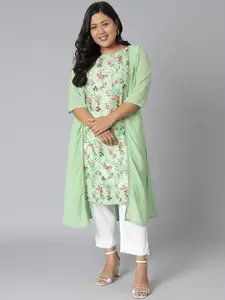 XL LOVE by Janasya Women Plus Size Green & Orange Ethnic Motifs Printed Layered Kurta