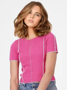ONLY Women Pink & White Striped Extended Sleeves Slim Fit T-shirt