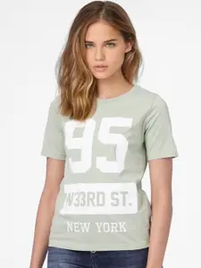 ONLY Women Sage Green & White Varsity Printed Cotton T-shirt