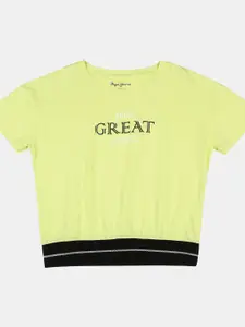 Pepe Jeans Girls Lime Green & Black Brand Logo Printed Cotton T-shirt