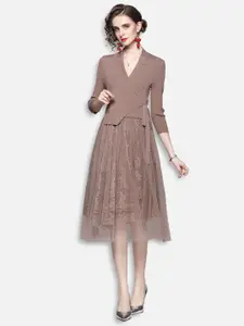 JC Collection Coffee Brown Self Design Midi Fit & Flare Dress