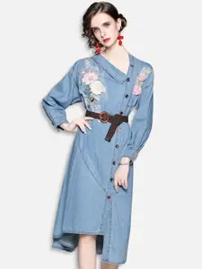 JC Collection Women Blue & Red Floral A-Line Dress