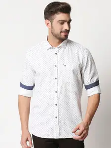 Basics Men White & Navy Blue  Slim Fit Micro Ditsy Print Cotton Casual Shirt